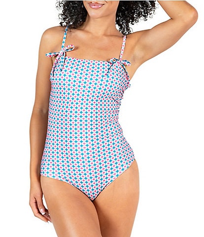 Janela Bay Sunburst Square Neck Faux Tie Bow Shoulder Straps Tank One Piece Swimsuit