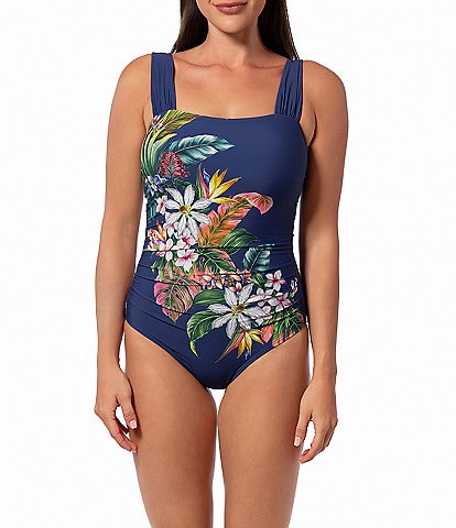 Jantzen Palm Delight Hilda Square Neck Tummy Control Shirred One Piece Swimsuit