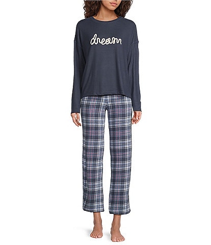 Jasmine & Ginger Brushed Knit Solid Long Sleeve Round Neck Top & Plaid Printed Pant Pajama Set