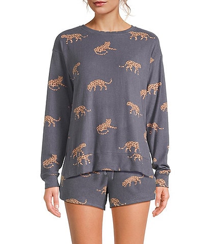 Jasmine & Ginger Cheetah Print Long Sleeve Crew Neck Coordinating Knit Sleep Top
