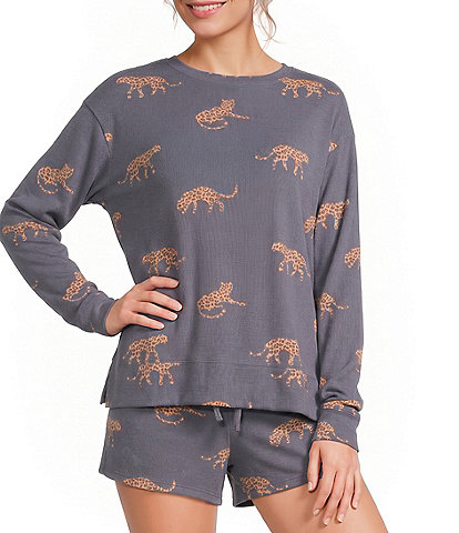 Jasmine & Ginger Cheetah Print Long Sleeve Crew Neck Coordinating Knit Sleep Top