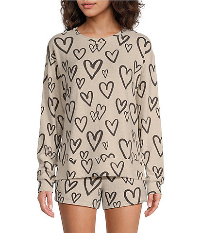 Jasmine & Ginger Doodle Heart Print Long Sleeve Crew Neck Coordinating Knit Sleep Top