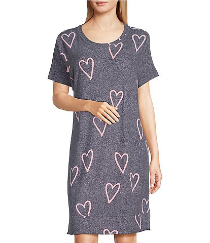 Jasmine & Ginger Heart Print Short Sleeve Crew Neck Brushed Knit Nightgown
