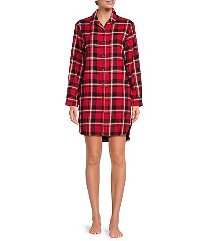 Jasmine & Ginger Long Sleeve Notch Collar Woven Flannel Plaid Button-Front Nightshirt