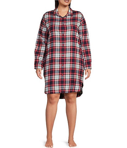 Jasmine & Ginger Plus Size Long Sleeve Point Collar Woven Flannel Plaid Button-Front Nightshirt