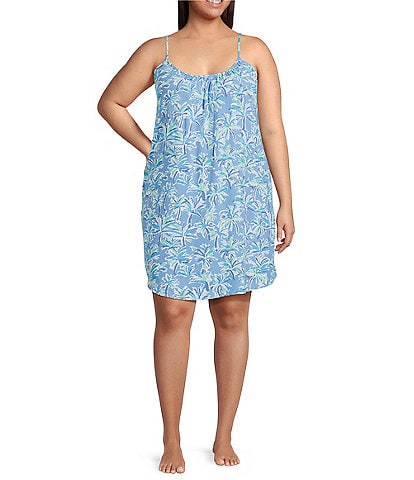 Jasmine & Ginger Plus Size Sleeveless Scoop Neck Woven Abstract Palms Chemise
