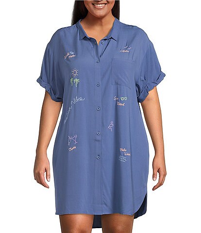 Jasmine & Ginger Plus Size Woven Short Sleeve Button Down Collar Motif Embroidered Nightshirt