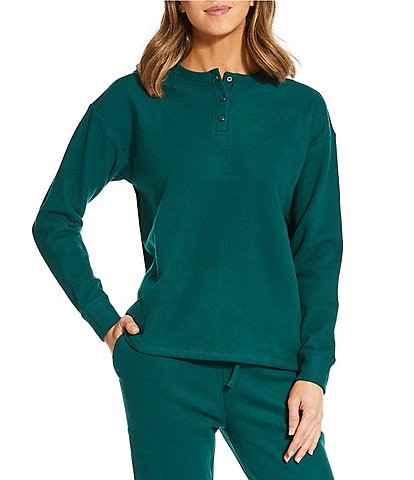 Jasmine & Ginger Solid Brushed Waffle Long Sleeve Henley Coordinating Sleep Top
