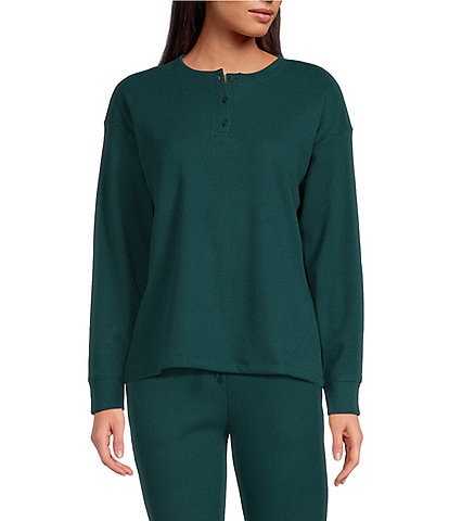 Jasmine & Ginger Solid Brushed Waffle Long Sleeve Henley Sleep Top