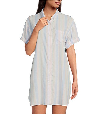 Jasmine & Ginger Striped Print Woven Short Sleeve Point Collar Nightshirt
