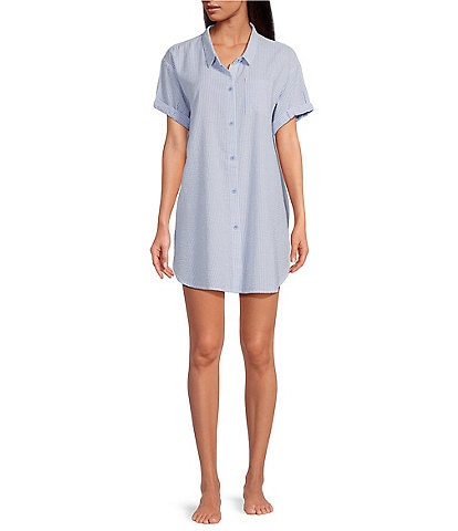 Jasmine & Ginger Striped Seersucker Short Sleeve Button-Front Nightshirt