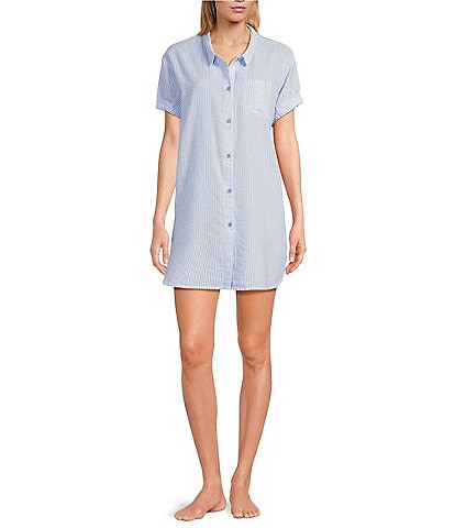 Jasmine & Ginger Striped Seersucker Short Sleeve Button-Front Nightshirt