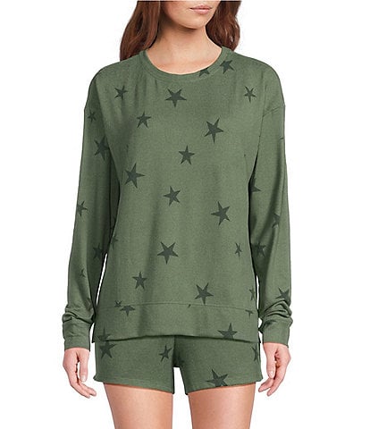 Jasmine & Ginger Tossed Stars Print Long Sleeve Crew Neck Coordinating Knit Sleep Top