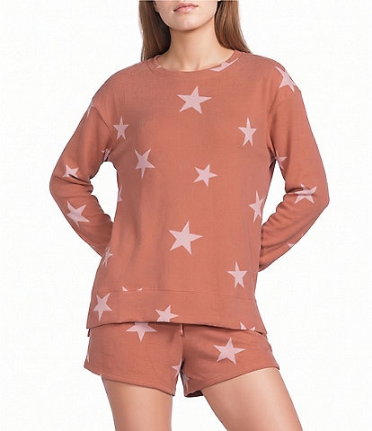 Jasmine & Ginger Tossed Stars Print Long Sleeve Crew Neck Coordinating Knit Sleep Top