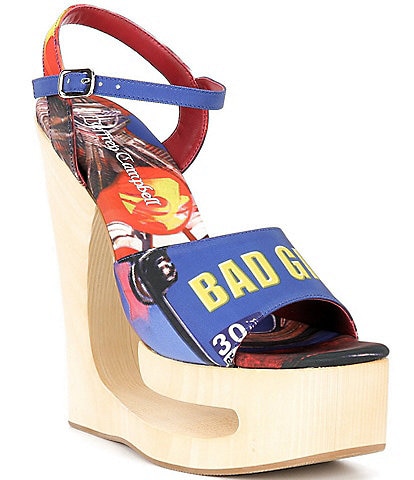 Jeffrey Campbell Flag-Girl Bad Girl Print Wooden Cutout Platform Wedge Sandals