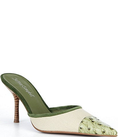 Jeffrey Campbell Parse Canvas Ostrich Embossed Pointed Cap Toe Dress Mules