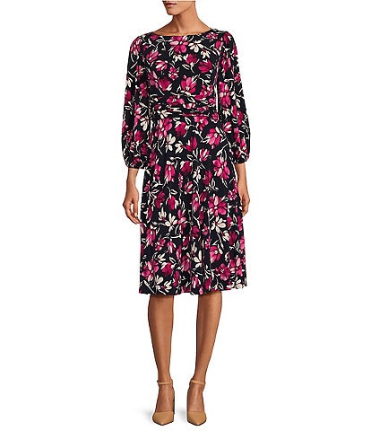 Jessica Howard 3/4 Balloon Sleeve Boat Neck Ruched Waist Floral Sheath Dress