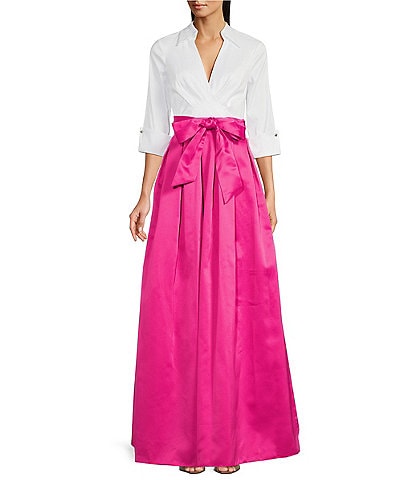 Jessica Howard 3/4 Cuff Sleeve Collared V-Neck Tie Sash Ball Gown
