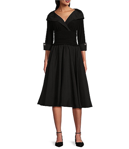 Jessica Howard Jersey Taffeta 3/4 Sleeve Portrait Collar Ruched A-Line Midi Dress