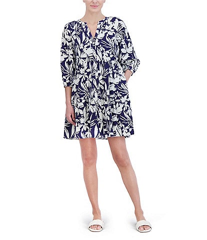 Jessica Howard 3/4 Sleeve V-Neck Tiered Skirt Floral Linen Dress
