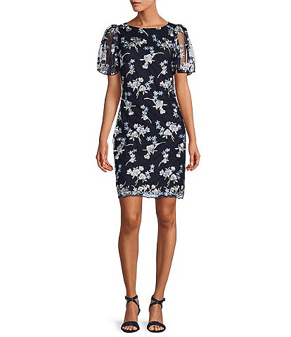 Jessica Howard Crew Neck Short Flare Sleeve Floral Embroidered Mesh Sheath Dress