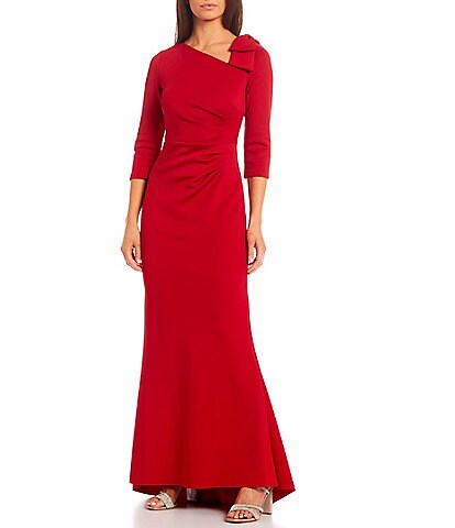 Jessica Howard 3/4 Sleeve Asymmetrical Neck Bow Shoulder Side Tuck Gown