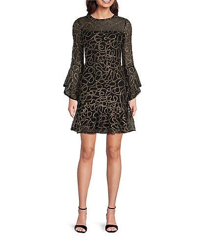 Jessica Howard Embellished Mesh Round Neck 3/4 Bell Sleeve Flounce Hem Dress