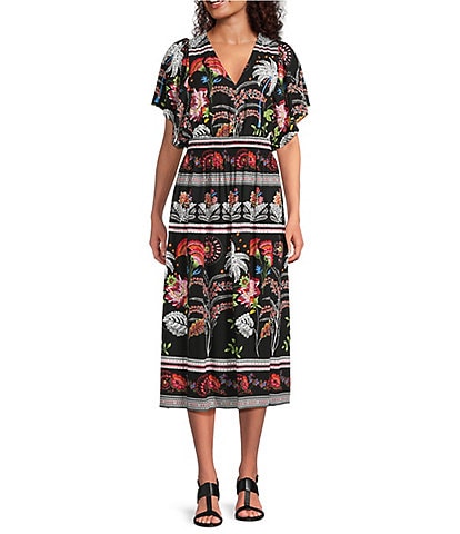 Jessica Howard Fiesta Print Smocked Waist Midi Dress