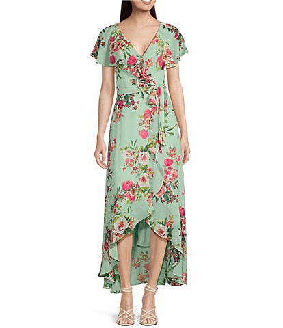 Jessica Howard Floral Print Short Flutter Sleeve Surplice V-Neck Chiffon Faux Wrap Midi Dress