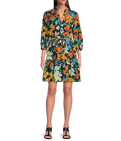 Jessica Howard Floral Print Split V-Neck 3/4 Sleeve Fit-And-Flare Dress