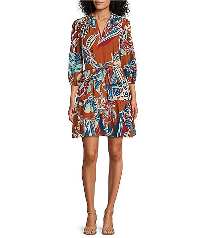 Jessica Howard Floral Print Split V-Neck 3/4 Sleeve Ruffled Hem A-Line Dress