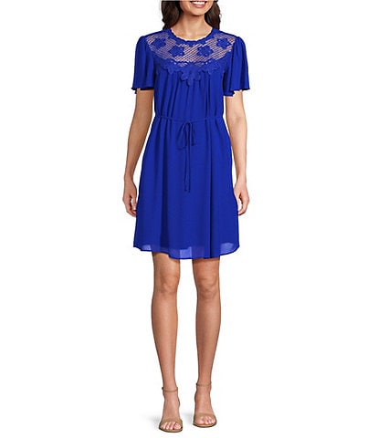 Jessica Howard Lace Yoke Crew Neck Short Sleeve Belted A-Line Dress