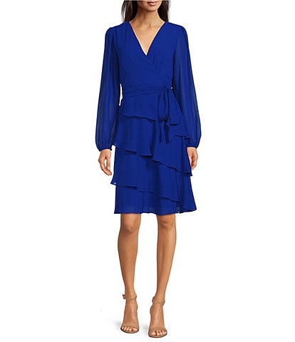 Jessica Howard Long Sleeve Surplice V-Neck Tie Waist Chiffon Sheath Dress