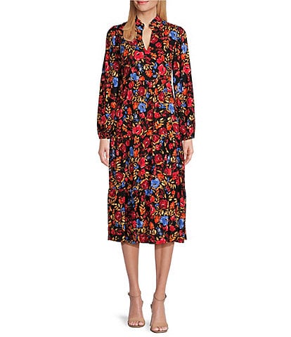 Jessica Howard Long Sleeve V-Neck Floral Tiered Midi Dress