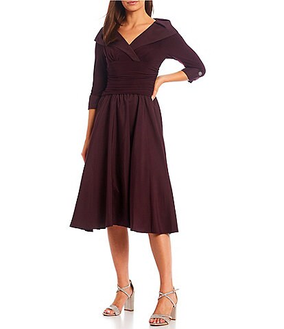 Jessica Howard Petite Size Portrait Collar 3/4 Sleeve Ruched Blouson Dress