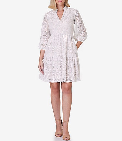 Jessica Howard Petite Size 3/4 Sleeve Ruffle Split V-Neck Tiered Skirt Lace A-Line Dress