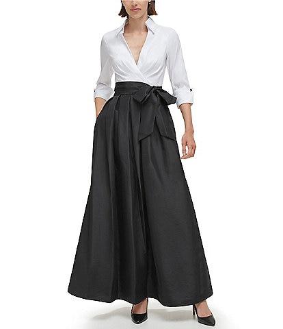 Jessica Howard Petite Size 3/4 Sleeve V-Neck Shirt Collard Bodice Inset Waist Ballgown