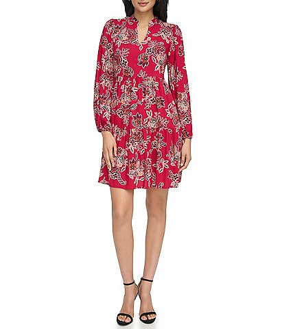 Jessica Howard Petite Size Floral Print Long Sleeve V-Neck Printed Tiered Dress