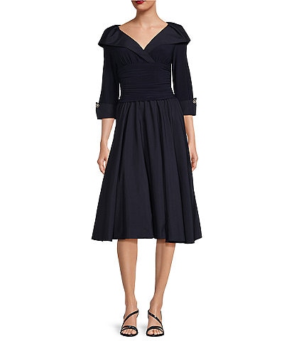 Jessica Howard Petite Size Jersey Taffeta Rhinestone 3/4 Sleeve Portrait Collar Ruched A-Line Midi Dress
