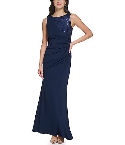 Jessica Howard Petite Size Knit Jersey Sequin Sleeveless Boat Neck Ruched Side Gown