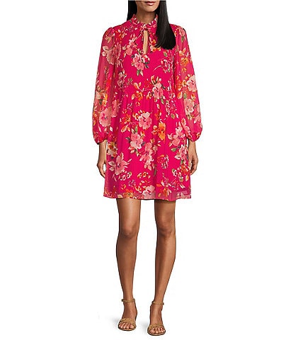 Jessica Howard Petite Size Long Sleeve Mock Neck Pleated Bodice Floral Chiffon Dress