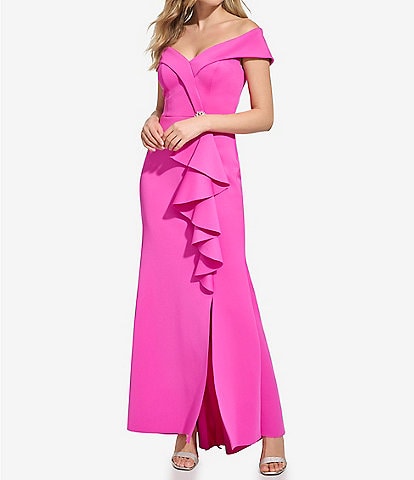 Jessica Howard Petite Size Short Sleeve Off-the-Shoulder Front Ruffle Slit Scuba A-Line Gown