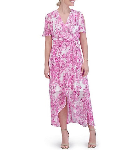 Jessica Howard Petite Size Short Sleeve V-Neck Tie Waist Paisley Print Faux Wrap Maxi Dress