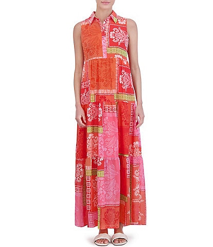 Jessica Howard Petite Size Sleeveless Collared Neck Patchwork Print Maxi Dress