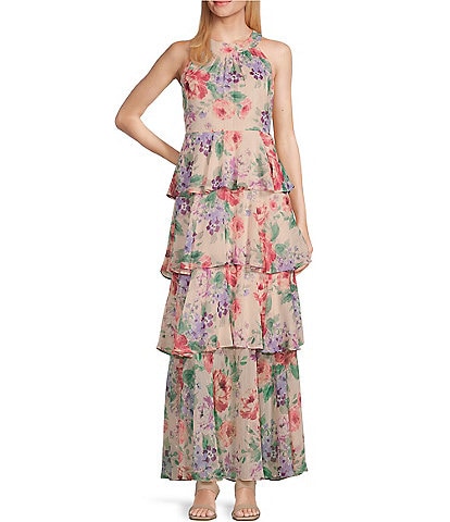 Jessica Howard Petite Size Sleeveless Halter Neck Tiered Skirt Floral Maxi Dress