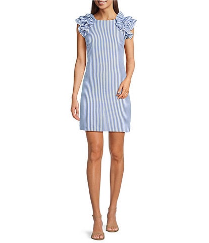 Jessica Howard Petite Size Stripe Seersucker Crew Neck Ruffle Shoulder Sleeveless Shift Dress