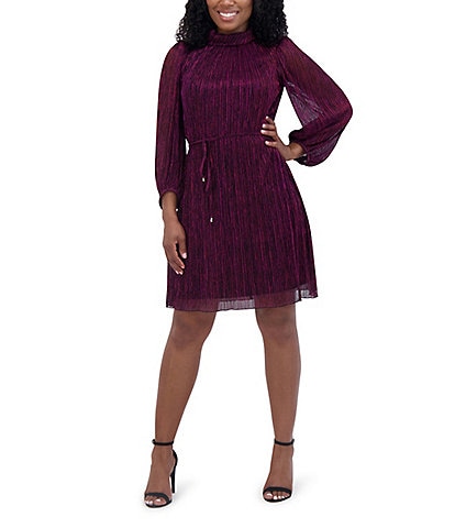 Jessica Howard Pleated Metallic Mesh Mock Neck Balloon Sleeve Belted Dress