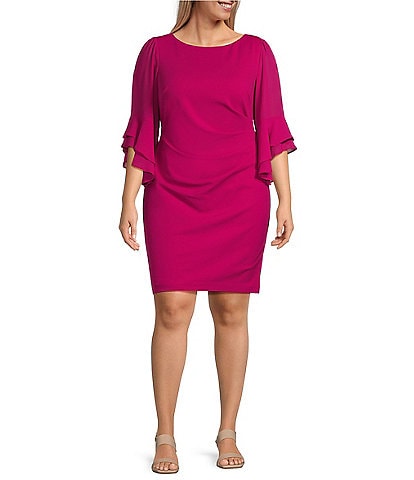 Jessica Howard Plus Size 3/4 Bell Sleeve Boat Neck Ruched Waist Sheath Dress