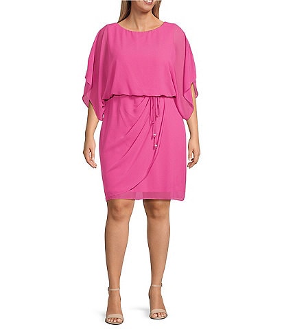 Jessica Howard Plus Size 3/4 Sleeve Boat Neck Overlay Skirt Tie Waist Chiffon Blouson Dress