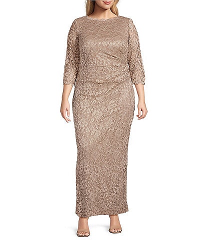 Jessica Howard Plus Size 3/4 Sleeve Boat Neck Side Tuck Lace Gown